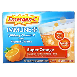 Emergen-C, Immune +, Vitamina C más vitamina D y zinc, Super Naranja, 30 sobres, 9,3 g (0,33 oz) cada uno