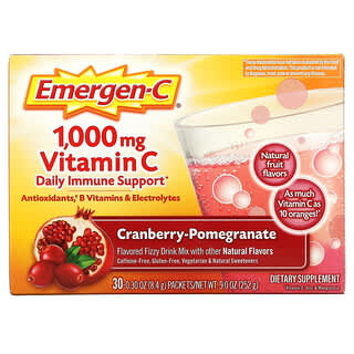 Emergen-C, Vitamina C, Mezcla para preparar bebidas gaseosas con sabor, Arándano rojo y granada, 1000 mg, 30 sobres, 8,4 g (0,30 oz) cada uno