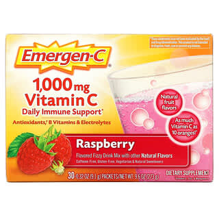 Emergen-C, Витамин С, смесь для газированных напитков со вкусом малины, 1000 мг, 30 пакетиков весом 9,1 г (0,32 унции) каждый