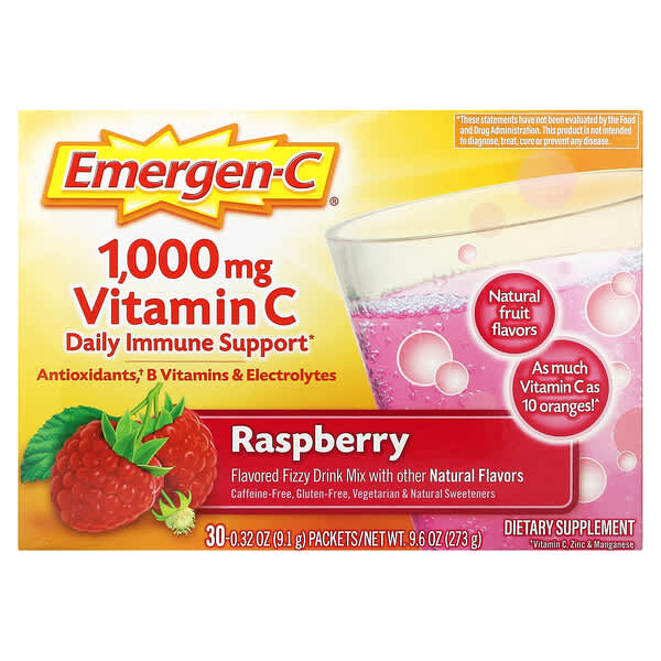 Emergen-C, 維生素 C，調味起泡飲品混合物，樹莓，1,000 毫克，30 包，每包 0.32 盎司（9.1 克）