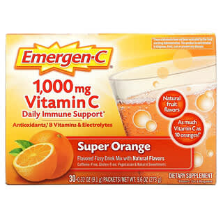 Emergen-C, Vitamina C, Mezcla para preparar bebidas gaseosas con sabor, Super Naranja, 1000 mg, 30 sobres, 9,1 g (0,32 oz) cada uno