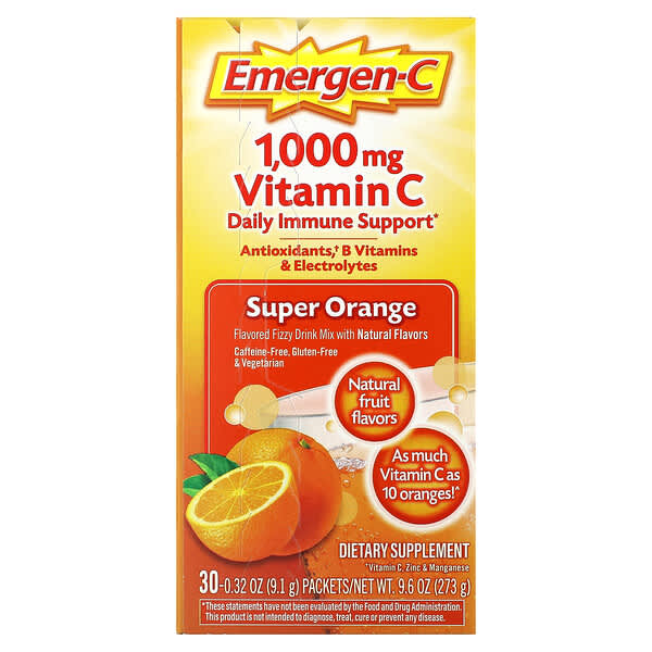 Emergen-C, 비타민C, 향료 첨가된 발포 드링크 믹스, 슈퍼 오렌지 맛, 1,000mg, 30팩, 개당 9.1g(0.32oz)