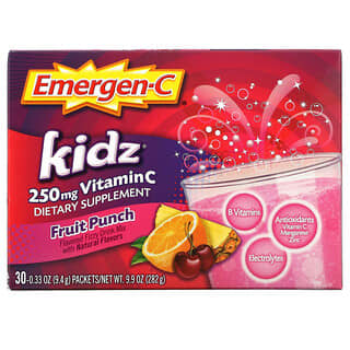 Emergen-C, Kidz, Vitamina C, Mezcla para preparar bebidas gaseosas con sabor, Ponche de frutas, 250 mg, 30 sobres, 9,4 g (0,33 oz) cada uno