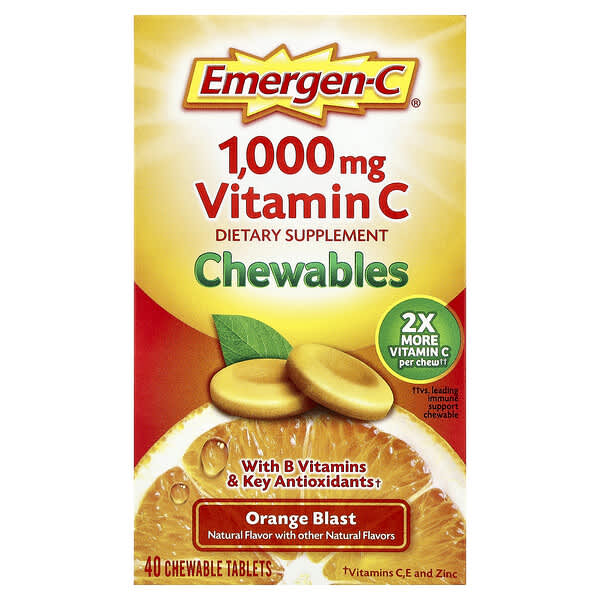 Emergen-C, 維生素 C 咀嚼片，爆裂橙味，1000 毫克，40 片（每片 500 毫克）