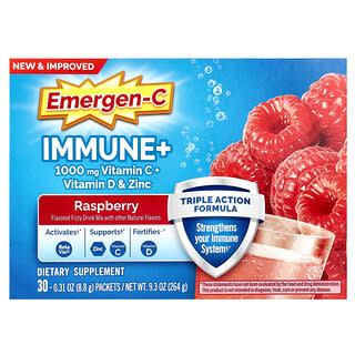 Emergen-C, Immune+ Vitamin C + Vitamin D & Zinc, Raspberry, 30 Packets, 0.31 oz (8.8 g) Each