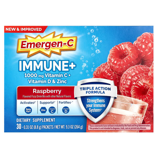 Emergen-C, Immune+ Vitamin C + Vitamin D &amp; Zinc, Raspberry, 30 Packets, 0.31 oz (8.8 g) Each