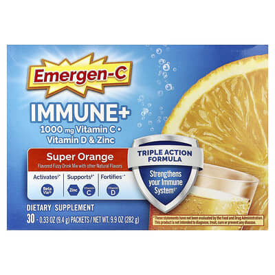Emergen-C, Immune+, Vitamin C + Vitamin D & Zinc, Super Orange, Caffeine Free, 30 Packets, 0.33 oz (9.4 g) Each