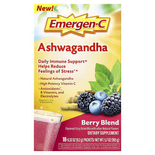 Emergen-C, Ashwagandha, Berry Blend, 18 Packets, 0.32 oz (9.2 g) Each