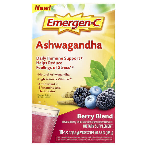 Emergen-C, Ashwagandha, amestec de fructe de pădure, 18 pachete, 0,32 oz (9,2 g) fiecare
