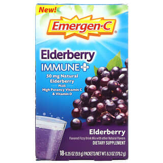 Emergen-C, Immune+, Elderberry, 50 mg, 18 Packets, 0.35 oz (9.9 g) Each