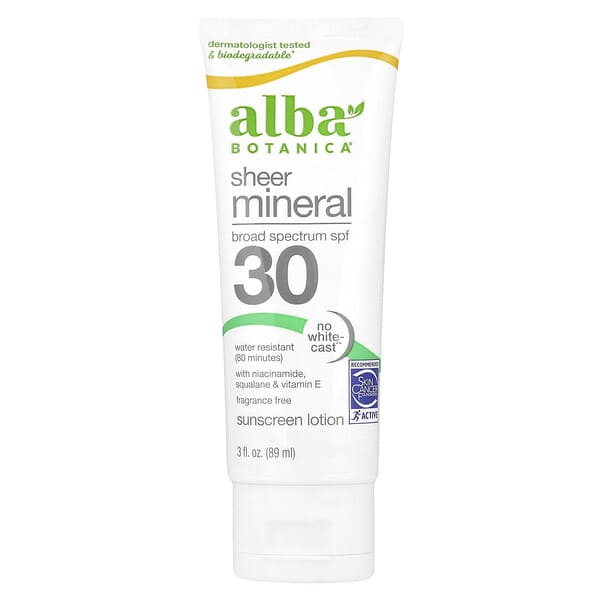 Alba Botanica, 미네랄 자외선 차단제, 민감성, 무향, SPF 30, 4온스 (113그램)