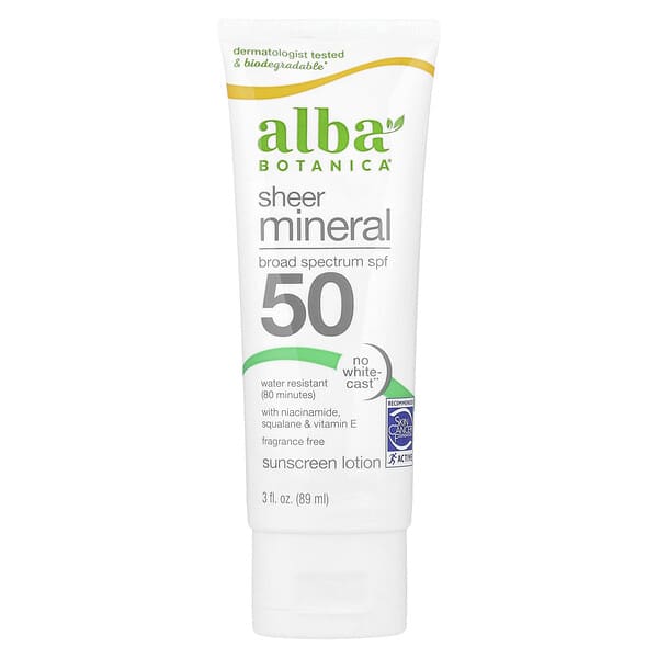Alba Botanica, 시어 미네랄 자외선 차단 로션, SPF 50, 향료 무함유, 89ml(3fl oz)
