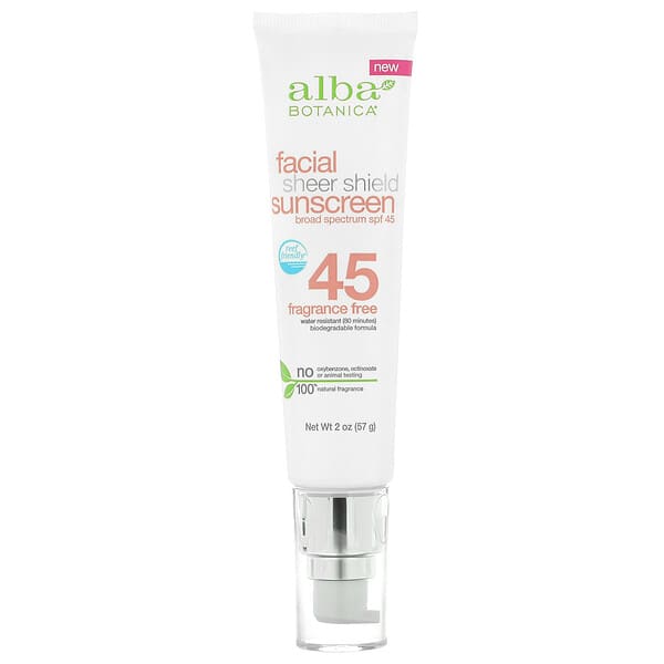 Alba Botanica, Facial Sheer Shield Sunscreen, SPF 45, Fragrance Free, 2 oz (57 g)
