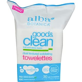 Alba Botanica, Bom e limpo, lenços esfoliantes de dupla textura, sem óleo, 30 lenços úmidos