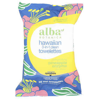 Alba Botanica, 夏威夷 3 合 1 清洁湿巾，菠萝蛋白酶，25 张湿巾