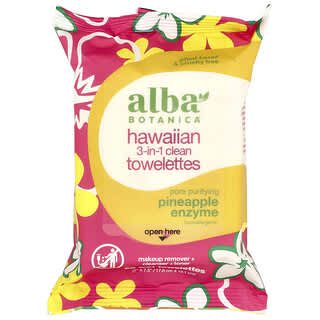 Alba Botanica, Toallitas de limpieza 3 en 1 de Hawaiian, Enzimas de piña, 25 toallitas húmedas