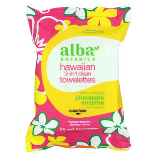 Alba Botanica, 夏威夷 3 合 1 清潔溼巾，菠蘿蛋白酶，25 張溼巾