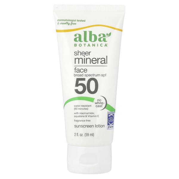 Alba Botanica, 시어 미네랄 페이스 자외선 차단제, SPF 50, 무향, 59ml(2fl oz)