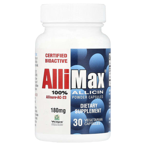 Allimax, 100% 알리신 파우더 캡슐, 180mg, 베지 캡슐 30정