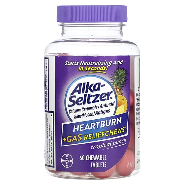 Alka-Seltzer, ยาบรรเทาอาการเสียดท้อง + แก๊ส รสทรอปิคอลพันช์ บรรจุเม็ดเคี้ยว 60 เม็ด