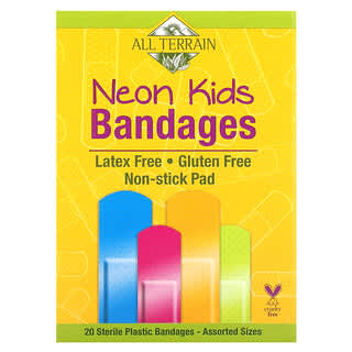 All Terrain, Neon Kids Bandages, Assorted Sizes, 20 Sterile Plastic Bandages