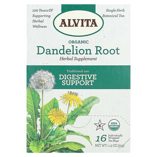 Alvita Teas, Thé botanique biologique, Racine de pissenlit, Sans caféine, 16 sachets de thé emballés individuellement, 32 g