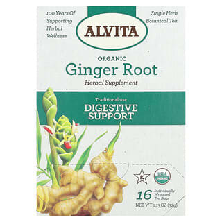 Alvita Teas, Organiczna herbata roślinna, korzeń imbiru, bez kofeiny, 16 indywidualnie pakowanych torebek herbaty, 32 g