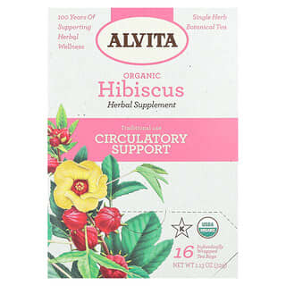 Alvita Teas, Chá Botânico Orgânico, Hibisco, Sem Cafeína, 16 Saquinhos de Chá Embalados Individualmente, 32 g (1,13 oz)