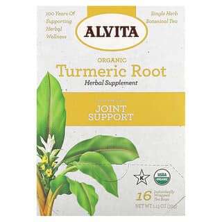 Alvita Teas, Organic Botanical Tea, Turmeric Root, Caffeine Free, 16 Individually Wrapped Tea Bags, 1.13 oz (32 g)