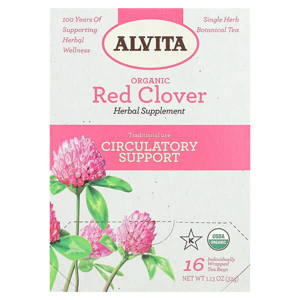 Alvita Teas, Organic Botanical Tea, Red Clover, Caffeine Free, 16 Individually Wrapped Tea Bags, 1.13 oz (32 g)