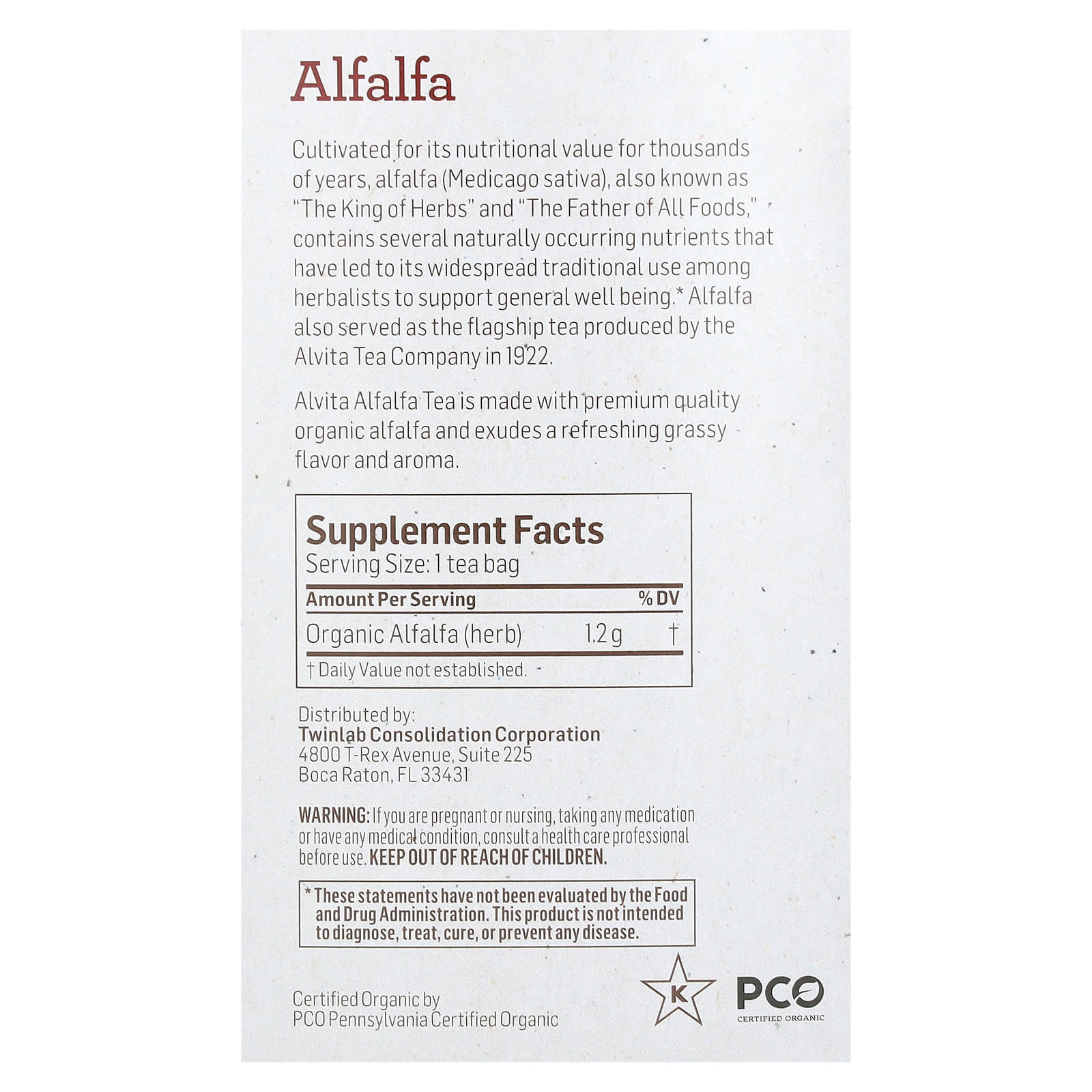 Alvita Teas, Organic Botanical Tea, Alfalfa, Caffeine Free, 16