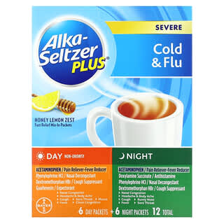 Alka-Seltzer Plus‏, הצטננות ושפעת חמורה, ביום ובלילה, דבש וקליפת לימון, 12 שקיקים