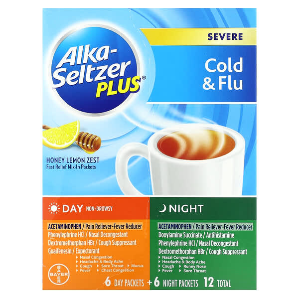 Alka-Seltzer Plus, บรรเทาอาการหวัดและไข้หวัดใหญ่อย่างรุนแรง สูตรกลางวันและกลางคืน รสน้ำผึ้งและเลมอน 