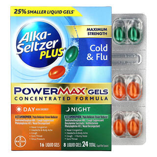 ألكا سيلتزر بلس‏, قوة قصوى لنزلات البرد والإنفلونزا ، PowerMax الهلامية ، للنهار والليل ، 24 كبسولة هلامية سائلة
