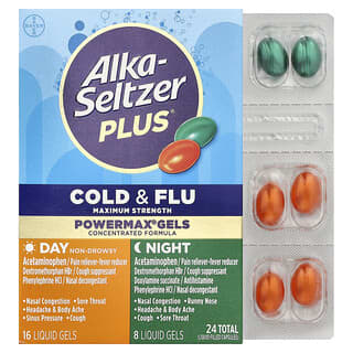 Alka-Seltzer Plus, Maximum Strength Cold & Flu, PowerMax Gels, Day & Night, 24 Liquid Gels