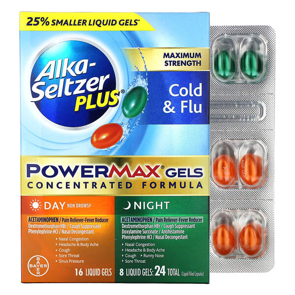 Alka-Seltzer Plus, เจลป้องกันไข้หวัดและไข้หวัดใหญ่ สูตรเข้มข้นสูงสุดสำหรับกลางวันและกลางคืน PowerMax