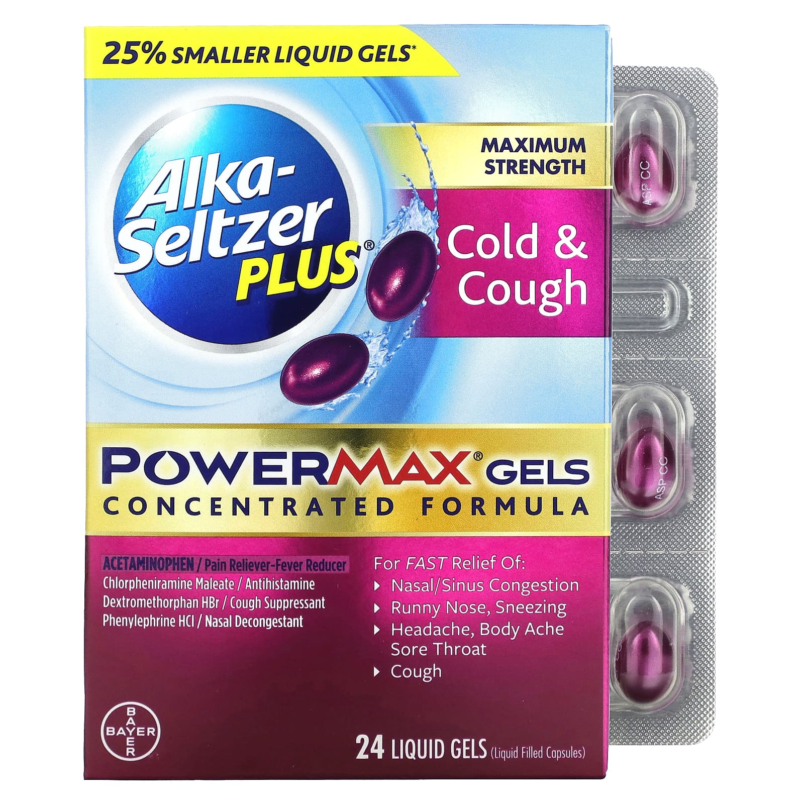 Alka-Seltzer Plus, Cold & Cough PowerMax Gels, Maximum Strength , 24 ...