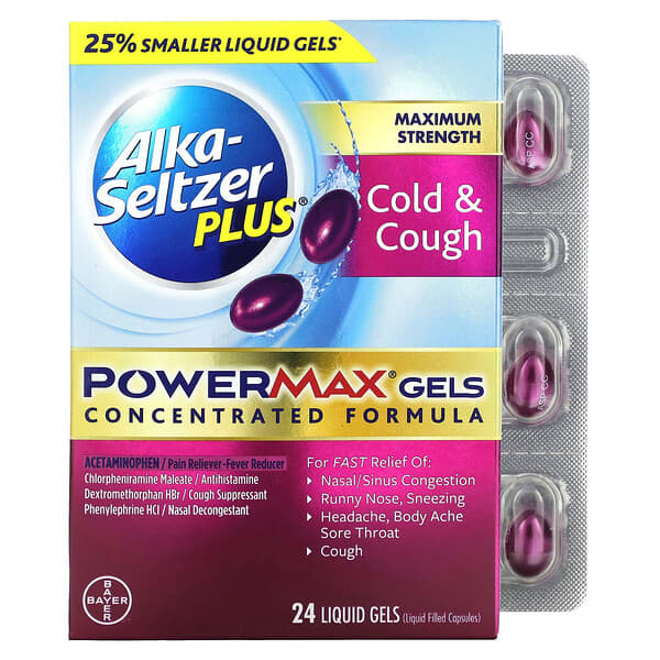 Alka-Seltzer Plus, เจล PowerMax สูตรเย็นและแก้ไอ สูตรเข้มข้นสูงสุด บรรจุเจลบรรจุของเหลว 24 แคปซูล