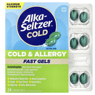Alka- Seltzer Plus, PowerMax®, Geles, Sinusitis, Alergia y tos, Máxima concentración, 24 geles líquidos