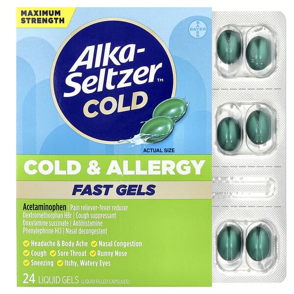 Alka- Seltzer Plus, PowerMax® 凝膠,鼻竇、敏感和咳嗽，特大強度，24 粒液體凝膠
