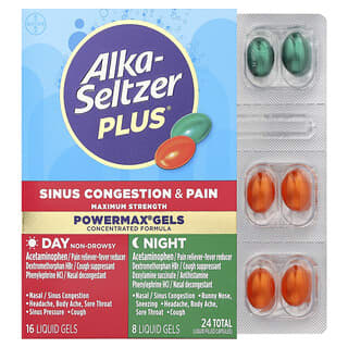 Alka-Seltzer Plus, Гели для лечения заложенности носовых пазух и боли PowerMax, максимальная эффективность, дневной и ночной режим, 24 жидких геля