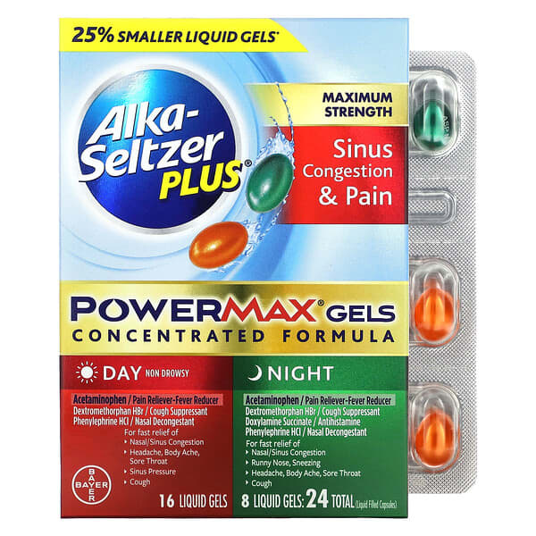 Alka-Seltzer Plus, บรรเทาอาการคันไซนัสและอาการปวด เจล PowerMax สูตรเข้มข้นสูงสุด กลางวันและกลางคืน บ