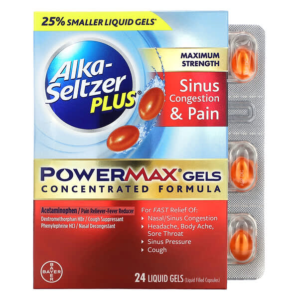 Alka-Seltzer Plus, บรรเทาอาการคันไซนัสและอาการปวด เจล PowerMax สูตรเข้มข้นสูงสุด บรรจุเจลบรรจุของเหล