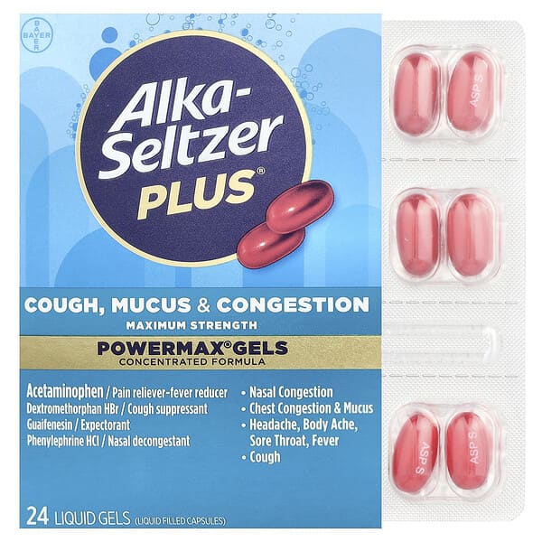 Alka-Seltzer Plus, 咳嗽，粘液和充血 PowerMax 凝膠，特大強度，24 粒液體凝膠