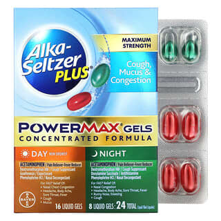 Alka-Seltzer Plus, 咳嗽，粘液和充血 PowerMax 凝膠，特強型，日間和夜間，24 粒液體凝膠