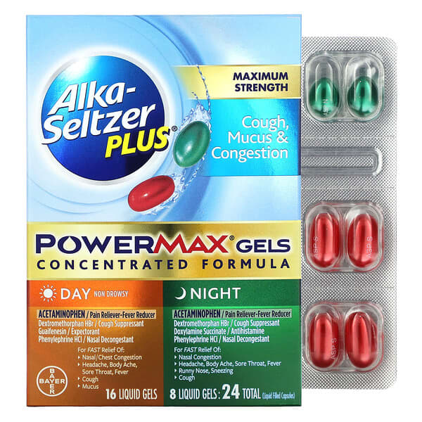 Alka-Seltzer Plus, เจล PowerMax แก้ไอและบรรเทาอาการคัดจมูก สูตรเข้มข้นสูงสุด กลางวันและกลางคืน บรรจุ