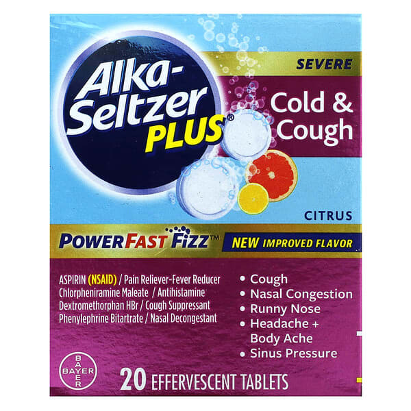 Alka-Seltzer Plus, Power Fast Fizz, Cough & Cold, Severe รสซิตรัส บรรจุเม็ดฟู่ๆ 20 เม็ด