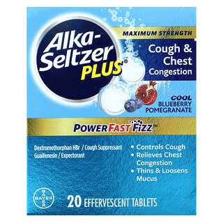 Alka-Seltzer Plus, 特大強度，咳嗽和胸悶，清涼藍莓石榴味，20 片泡騰片