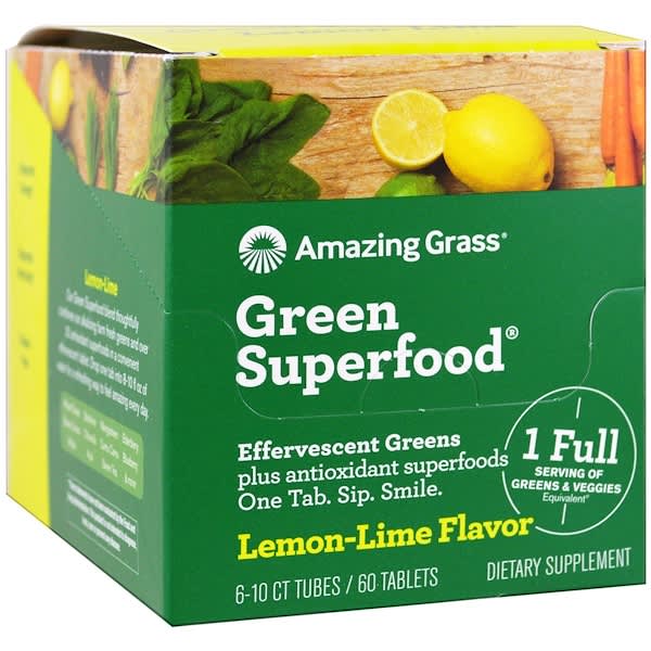 Amazing Grass, Green Superfood, الخضر الفوار، نكهة الليمون المتكلس، 6 أنابيب، 10 أقراص لكل أنبوبة