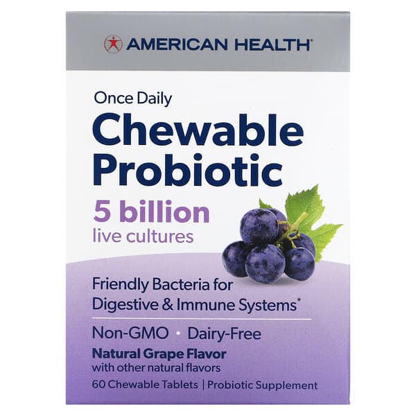 American Health (أميريكن هيلث)‏, بروبيوتيك للمضغ مرة يوميًا، عنب طبيعي، 5 مليار وحدة تشكيل مستعمرة، 60 قرصًا للمضغ (المنتجات المتوقفة) 